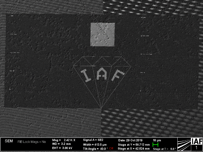 Lifted EBL metal mask on as grown surface of highly N-doped diamond layer on CVD substrate